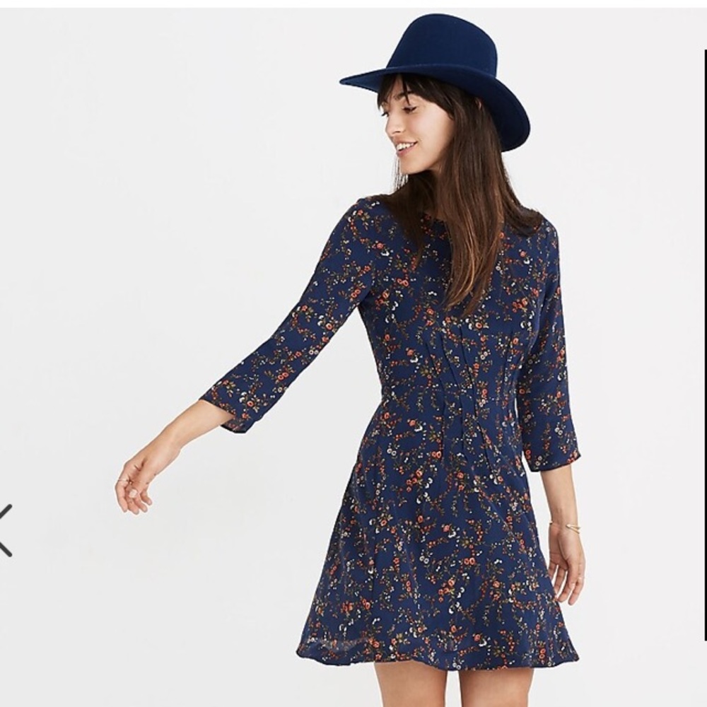 Silk Boatneck Pintuck dress in Moonless Floral